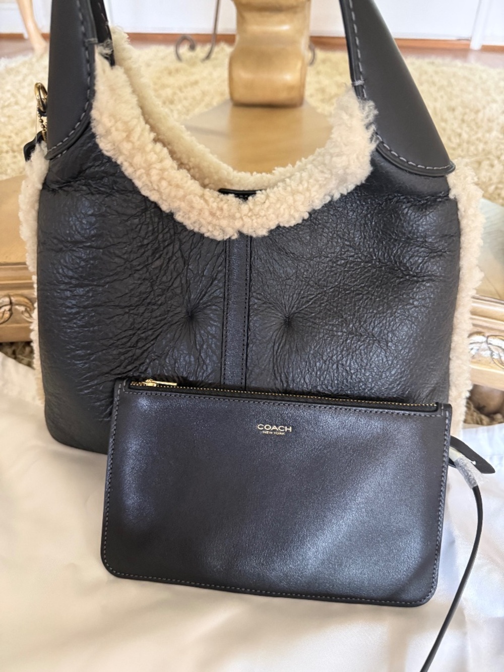 Coach Brooklyn 28 Shearling Leather Shoulder Bag Black Pouch Dust Bag NWT